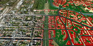 3D-Punktwolke einer Befliegung, dargestellt mit Farbinformationen (links) und mit Klassifizierungsergebnissen (rechts), 3D-Punktwolken bereitgestellt von virtualcitySYSTEMS und Berlin Partner für Wirtschaft und Technologie